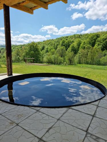 a circular pool on a patio with a view of a field at Vysoka brama дерев'яний будиночок з чаном in Oriv