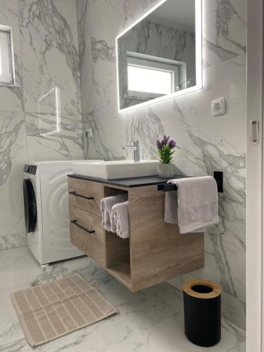 bagno con lavandino e forno a microonde di Lili Rose Mandre Luxury Apartments a Mandre