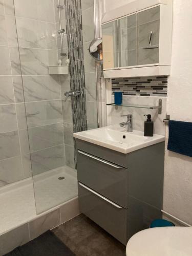 ein Badezimmer mit Waschbecken und Dusche in der Unterkunft Grand T2 43m2 plages du Mourillon in Toulon