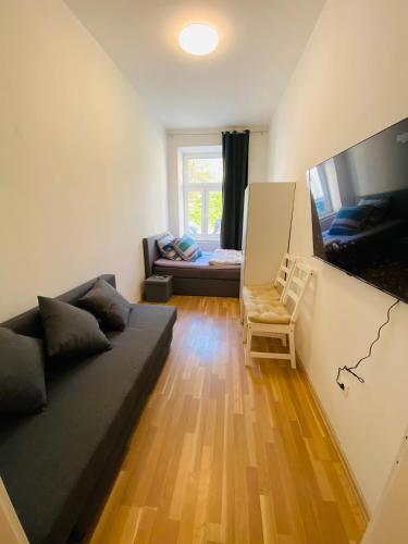 a living room with a couch and a television at NiceApartmentHollergasse 1a in Vienna