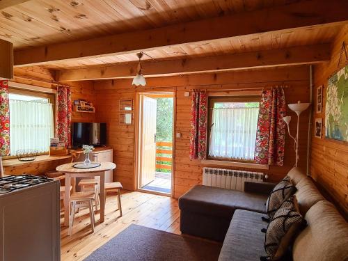 een woonkamer met een bank en een tafel in een hut bij Domki Pod Horbem in Polańczyk