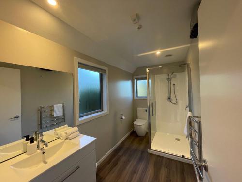 a bathroom with a shower and a sink and a mirror at Pudding Hill Lodge & Chalets in Mount Hutt