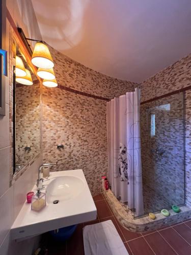 a bathroom with a sink and a shower at Sunlight Experience in Artemida