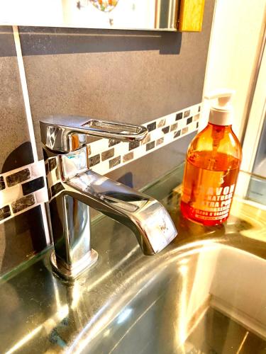 - un lavabo avec une bouteille de savon à côté dans l'établissement Appartement rénové 80 m2, à Foix