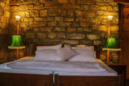 1 dormitorio con 1 cama con 2 lámparas verdes en Faraway Renz en Bhikia Sain