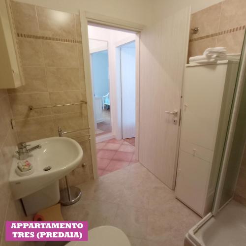 a bathroom with a sink and a toilet and a shower at APPARTAMENTO TOMA MIHAELA in Tres