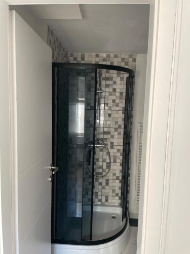 a shower with a glass door in a bathroom at House Lovre in Zadar