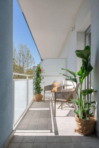 a balcony with two chairs and potted plants at Nido Suite & Apartments in Cesenatico