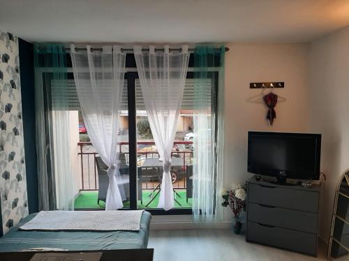 a living room with a large window with a television at Appartement T1 Hyper Centre avec Balcon in Bordeaux