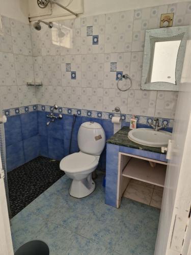 a blue and white bathroom with a toilet and sink at Narmada Holiday Home in Ooty