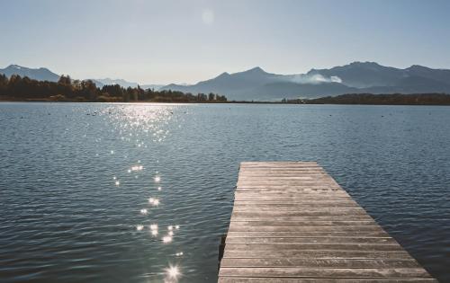 a dock on a lake with mountains in the background at Naturnahes Familienchalet mit Garten - Wifi - Netflix - nur 15 Minuten vom Chiemsee und 35 Minuten von München entfernt in Vogtareuth