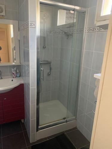 une salle de bain avec une douche avec une porte vitrée dans l'établissement Logement authentique à proximité de Sancerre, à Sainte-Gemme