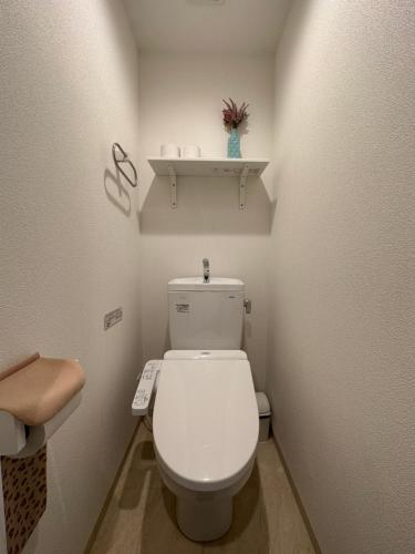 a small bathroom with a white toilet and a shelf at nestay inn tokyo kagurazaka in Tokyo