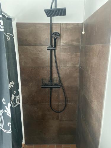 een douche met een douchekop in de badkamer bij 2 bedroom apartment near the sea in Tisvildeleje