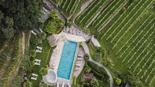 an overhead view of a swimming pool in a field at Hotel Kassian in Lagundo