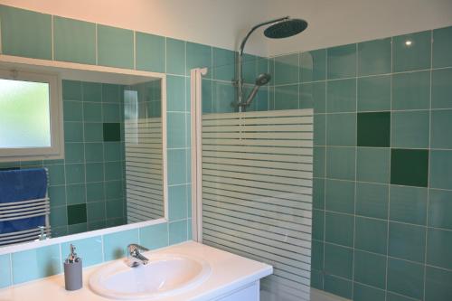 a bathroom with a sink and a mirror at Louise-Angèle in Biscarrosse