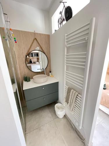 een badkamer met een wastafel en een spiegel bij Ty kaz : élégant, tout confort et bien situé in Névez