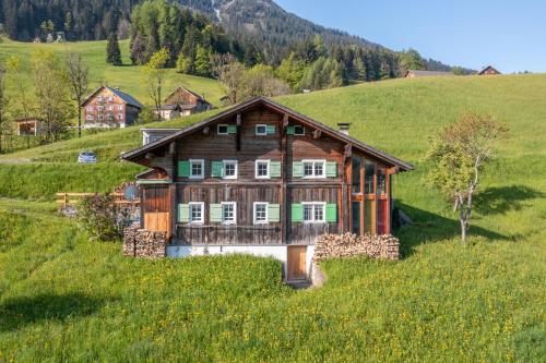 a wooden house on a hill in a field at Haus Holzwurm in Raggal