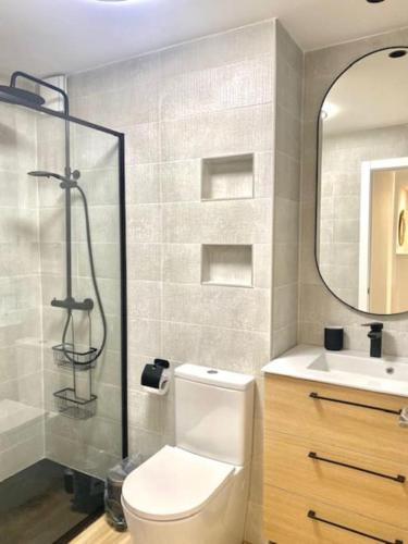 a bathroom with a shower and a toilet and a sink at CENTRO GIJON CABRALES 31 in Gijón