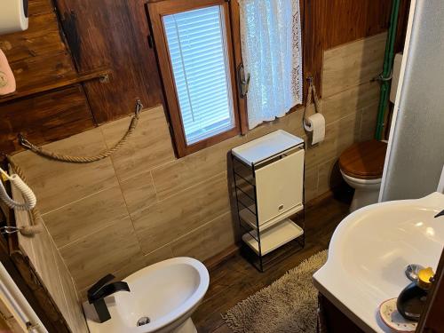 a small bathroom with a sink and a toilet at Chalet Sophia in Sestola