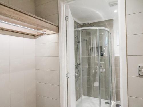 una ducha con puerta de cristal en un baño en Ewe Crag Beck Lodge, en Whitby