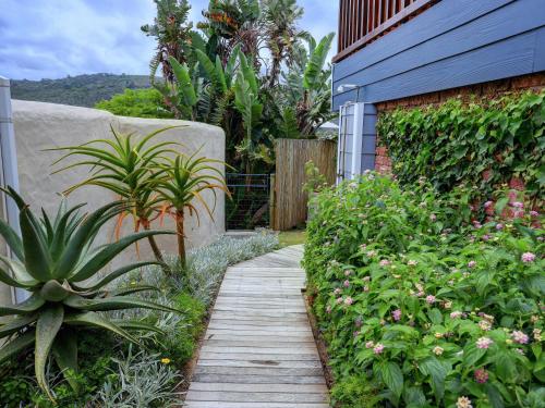 a garden with a wooden walkway next to a building at RiverView in Wilderness