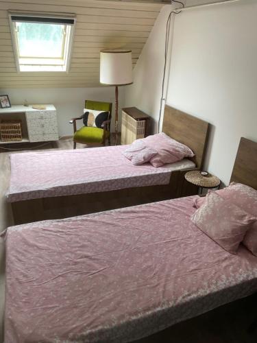 een slaapkamer met 2 bedden met roze lakens en een stoel bij La Casa del Lago in Siófok