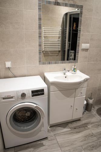 een badkamer met een wasmachine en een wastafel bij APARTAMENTY WYDMINY in Wydminy