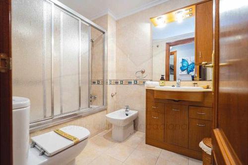ein Bad mit einem WC, einem Waschbecken und einer Dusche in der Unterkunft El Rocio Apartamento in Gijón