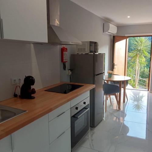 a kitchen with a sink and a refrigerator and a table at Ancoradouro T1 - Alojamento Local Gerês in Braga