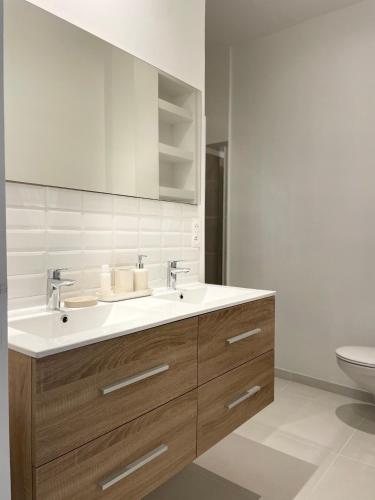 une salle de bain avec un lavabo et des toilettes dans l'établissement Appartemment Nimes Arènes, à Nîmes