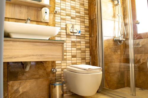 a bathroom with a toilet and a sink and a shower at Akkan Beach Hotel in Bodrum City