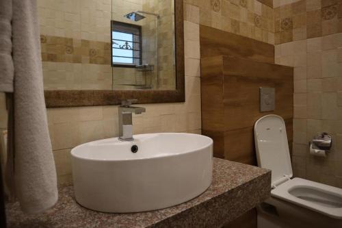 uma casa de banho com um lavatório branco e um WC. em GO Luxury Grand Hotel em Lahore