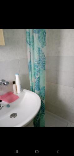 baño con lavabo y cortina de ducha en La stanza di Luisa, en Lecce