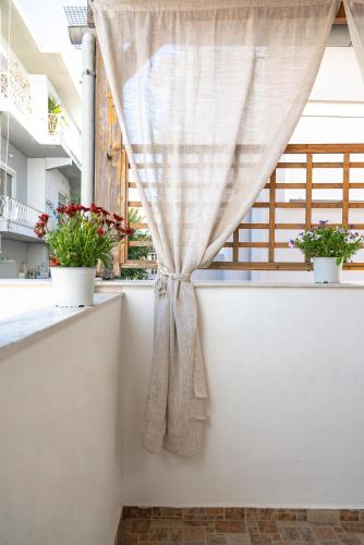 a curtain on a window with two potted plants at Vicinia Guest House in Rhodes Town