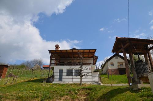a small white house with a wooden roof at Pri stari preši in Lendava