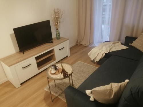 a living room with a flat screen tv on a stand at EASY RENT Apartments- Kazimierz Dolny Doły 4 lok 4 in Kazimierz Dolny