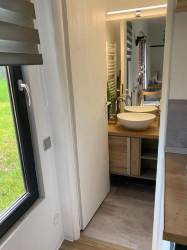 a bathroom with a sink and a mirror at Tiny retreat in Miercurea-Ciuc