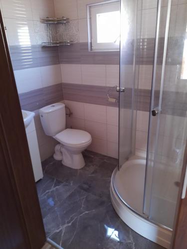 a bathroom with a toilet and a shower at OLIWIA DOMKI LETNISKOWE in Bobolin