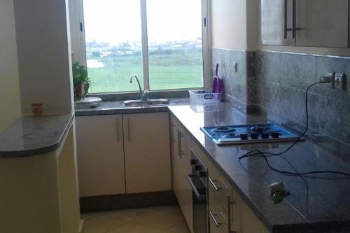 eine Küche mit einem Herd, einem Waschbecken und einem Fenster in der Unterkunft Appartement Tamaris couple mariés in Tamaris