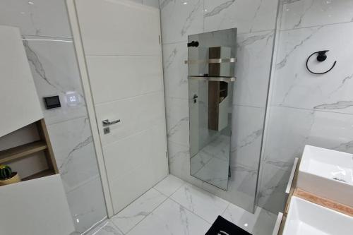 a white bathroom with a shower and a sink at AOG PRESTIGE logement neuf avec SPA et écran de cinéma en rez de jardin in Colmar