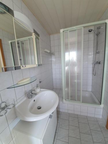 een witte badkamer met een wastafel en een douche bij Ferienwohnung am See in Regis-Breitingen