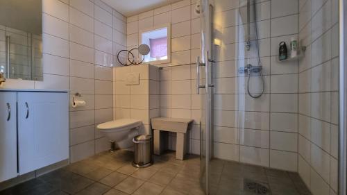 a bathroom with a toilet and a glass shower at Autentisk rorbu i burekka, Stamsund in Stamsund