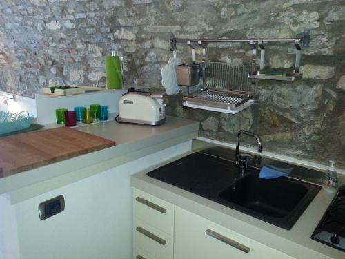 eine Küche mit einer Spüle und einem Toaster auf der Theke in der Unterkunft Casa Limonaia San Rocco in Limone sul Garda