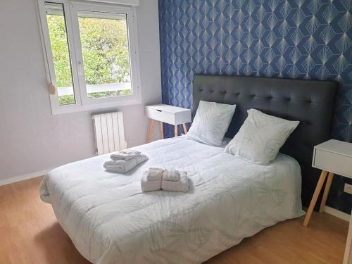 - une chambre avec un grand lit et des serviettes dans l'établissement ''Le Verlaine'' T2 au cœur de l'agglomération Lyonnaise, à Villeurbanne