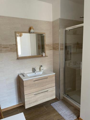 une salle de bain avec lavabo et douche dans l'établissement Le LH CENTRE VILLE, au Havre