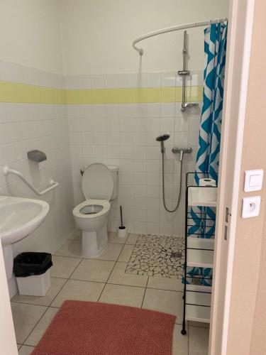 un bagno con wc, lavandino e doccia di Appartement familial centre et plage a Soulac-sur-Mer