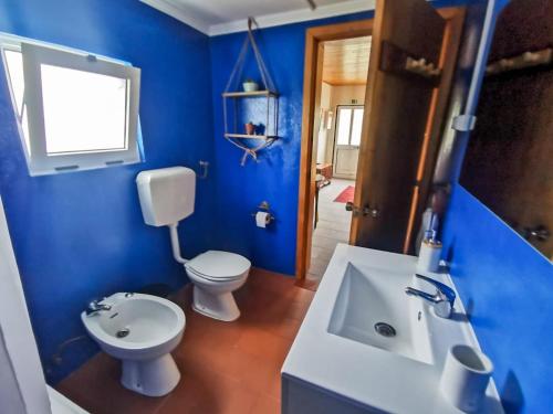 a blue bathroom with a toilet and a sink at Casa da Emilie in Santa Cruz da Graciosa