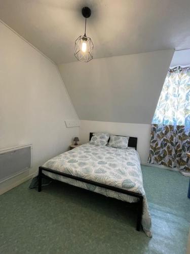 une chambre avec un lit et un lustre dans l'établissement Chicorée, à Bout dʼAmont