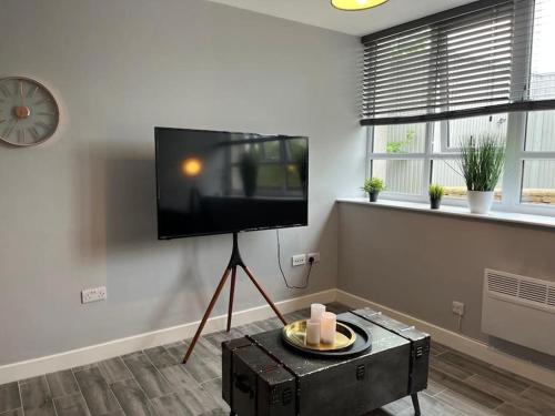 a living room with a flat screen tv on a stand at Modern 1 Bed Apartment in Mansfield Town Centre in Mansfield